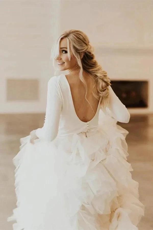 A-Line Round Neck Court Train Tulle Wedding Dress with Long Sleeves WD307 by pgmdress