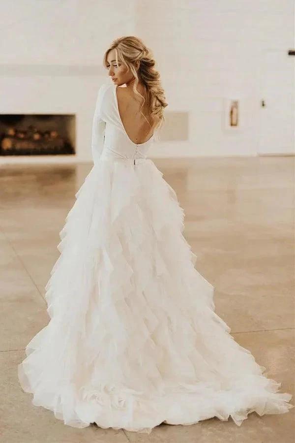 A-Line Round Neck Court Train Tulle Wedding Dress with Long Sleeves WD307 by pgmdress