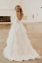 A-Line Round Neck Court Train Tulle Wedding Dress with Long Sleeves WD307 by pgmdress