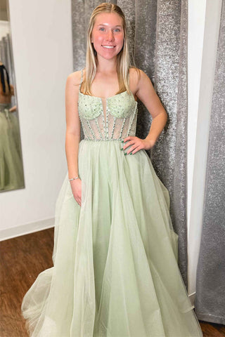 A-Linie Salbeigrünes Ballkleid mit Trägern, Pailletten und Perlen aus Tüll, PSK488