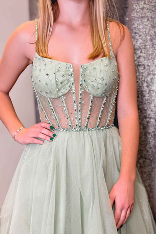 A-Linie Salbeigrünes Ballkleid mit Trägern, Pailletten und Perlen aus Tüll, PSK488