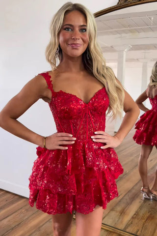 Vestido de cóctel rojo corto con apliques de lentejuelas y corte A PD497