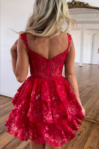 Vestido de cóctel rojo corto con apliques de lentejuelas y corte A PD497