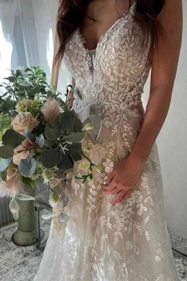 A-Line Spaghetti Straps Key Hole Back Elegant Wedding Dress WD731 by pgmdress