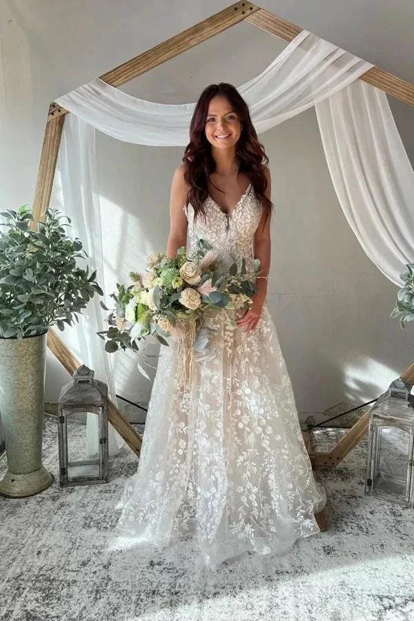 A-Line Spaghetti Straps Key Hole Back Elegant Wedding Dress WD731 by pgmdress