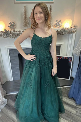 A-Linie Spaghettiträger Tüll Dunkelgrün Langes Ballkleid PSK586