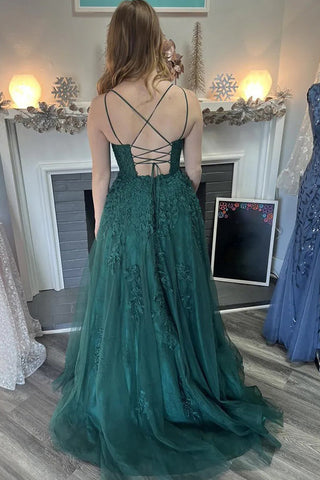A-Linie Spaghettiträger Tüll Dunkelgrün Langes Ballkleid PSK586