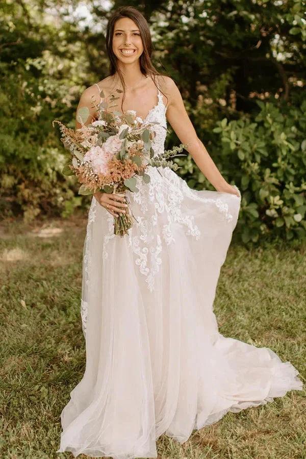 A-Line Spaghetti Straps Tulle Rustic Wedding Dress With Appliques WD656 by pgmdress