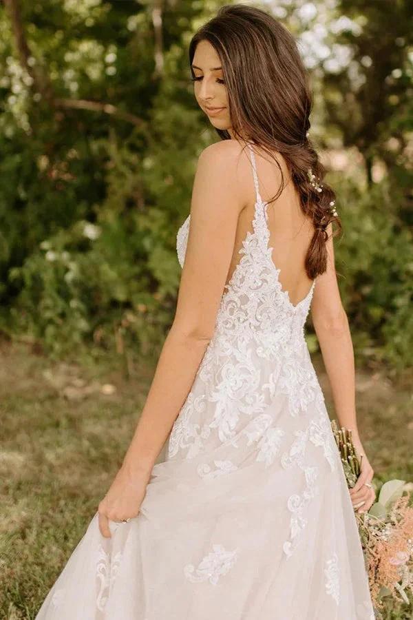 A-Line Spaghetti Straps Tulle Rustic Wedding Dress With Appliques WD656 by pgmdress