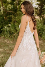 A-Line Spaghetti Straps Tulle Rustic Wedding Dress With Appliques WD656 by pgmdress