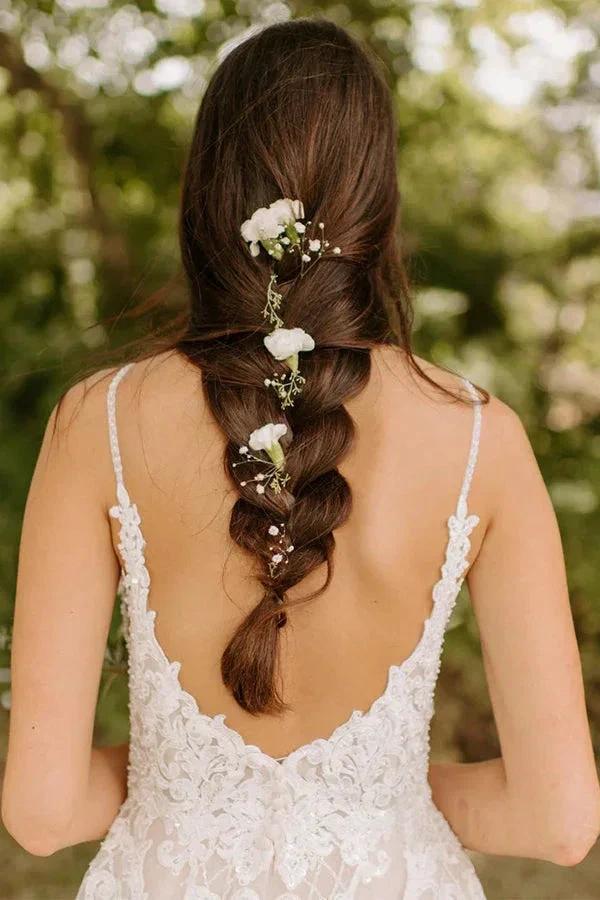 A-Line Spaghetti Straps Tulle Rustic Wedding Dress With Appliques WD656 by pgmdress