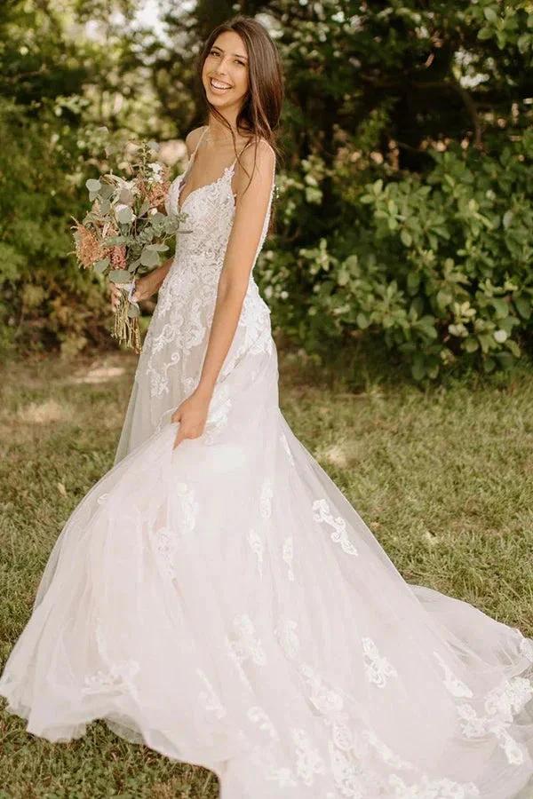 A-Line Spaghetti Straps Tulle Rustic Wedding Dress With Appliques WD656 by pgmdress
