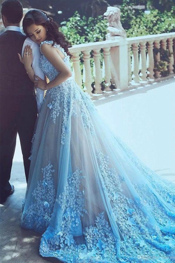 A-Line Square Chapel Train Sleeveless Blue Tulle Wedding Dress WD183 by pgmdress