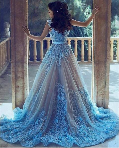 A-Line Square Chapel Train Sleeveless Blue Tulle Wedding Dress WD183 by pgmdress