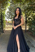 A-Line Sweetheart Neck Black Lace Long Prom Dress Formal Dress PSK395 by pgmdress