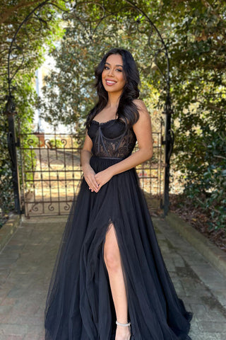 A-Linie Herzausschnitt Schwarze Spitze Langes Ballkleid Abendkleid PSK395