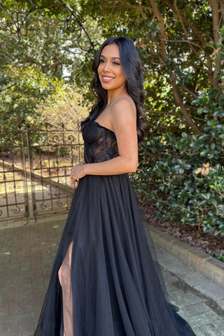 A-Linie Herzausschnitt Schwarze Spitze Langes Ballkleid Abendkleid PSK395