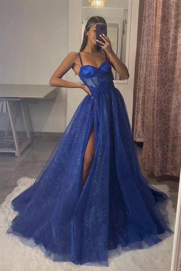A-Line Sweetheart Neck Tulle Lace Royal Blue Long Prom Dress PSK491 by pgmdress