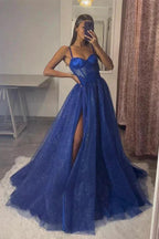A-Line Sweetheart Neck Tulle Lace Royal Blue Long Prom Dress PSK491 by pgmdress