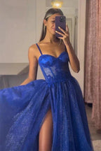A-Line Sweetheart Neck Tulle Lace Royal Blue Long Prom Dress PSK491 by pgmdress