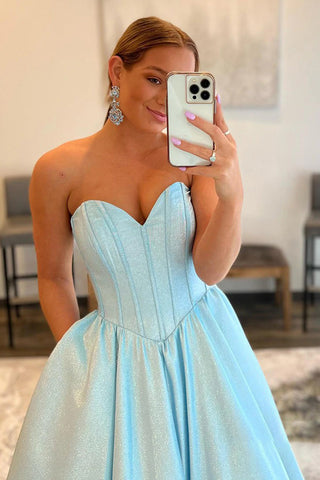 A-Linie Herzausschnitt Trägerlos Blau Langes Ballkleid Abendkleid PSK463