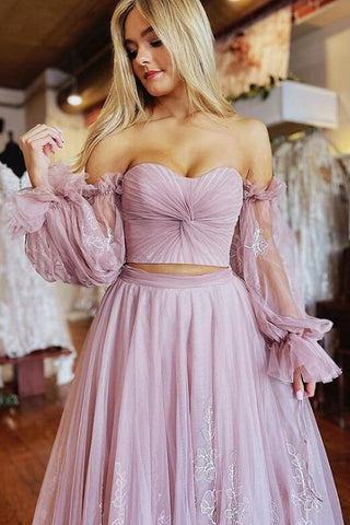 A-Linien-Ballkleid, zweiteilig, staubrosa, mit Ärmeln, PSK508