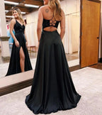 Colette |A-Line V-Neck Satin Prom Dress with Slit by KissProm