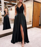Colette |A-Line V-Neck Satin Prom Dress with Slit by KissProm