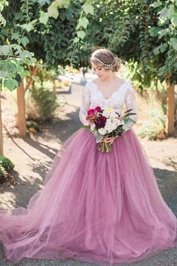 A-Line V-Neck Long Sleeves Pink Tulle Wedding Dress with Lace Appliques WD545 Main Image