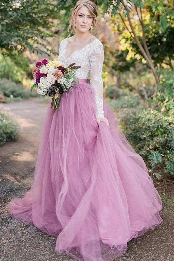 A-Line V-Neck Long Sleeves Pink Tulle Wedding Dress with Lace Appliques WD545 Hover Image