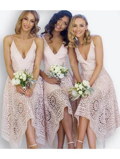 A-Line V-Neck Pearl Pink Lace Bridesmaid/Prom/Homecoming Dress BD053 by pgmdress