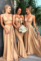 A-Line V-Neck Sweep Train Straw Spandex Prom Party Dress with Split PG658 by pgmdress