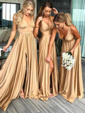 A-Line V-Neck Sweep Train Straw Spandex Prom Party Dress with Split PG658 by pgmdress