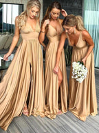 A-Line V-Neck Sweep Train Straw Spandex Prom Party Dress with Split PG658 by pgmdress