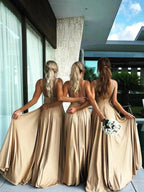 A-Line V-Neck Sweep Train Straw Spandex Prom Party Dress with Split PG658 by pgmdress
