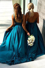 A-Line V-Neck Sweep Train Straw Spandex Prom Party Dress with Split PG658 by pgmdress