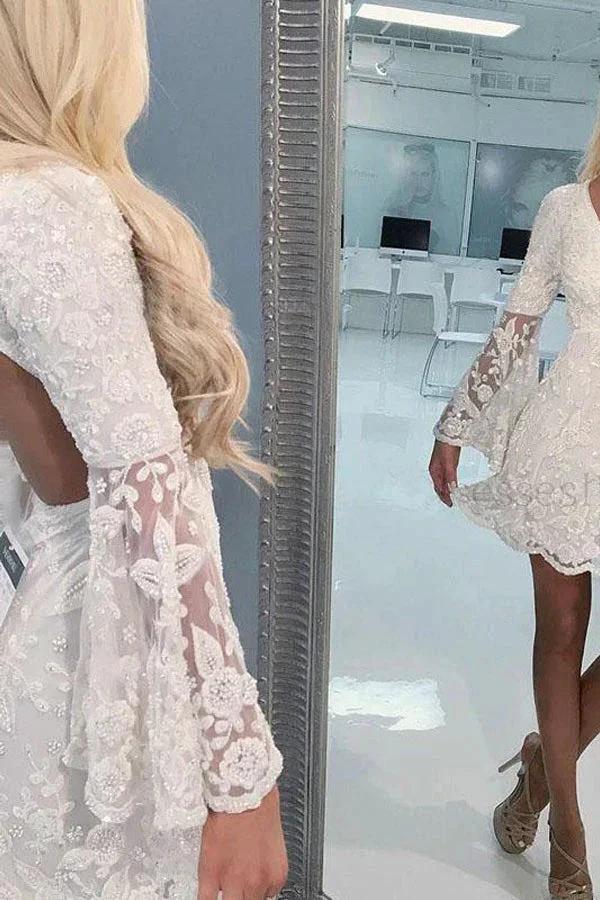 A-Line Bell Sleeves Short Ivory Lace Homecoming Dress Graduation Dresses PD495 by pgmdress