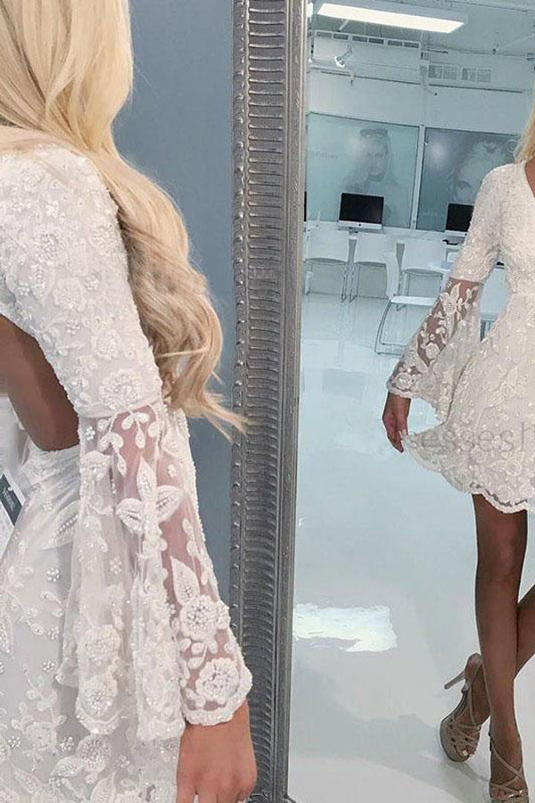 A-Line Bell Sleeves Short Ivory Lace Homecoming Dress Graduation Dresses PD495 Main Image
