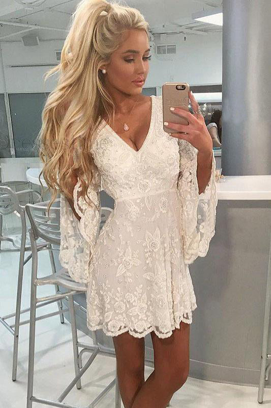 A-Line Bell Sleeves Short Ivory Lace Homecoming Dress Graduation Dresses PD495 Hover Image