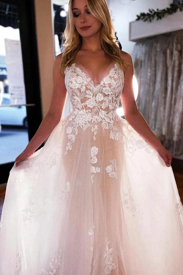 A-line V Neck Light Champagne Tulle Ivory Lace Wedding Dress WD595 by pgmdress