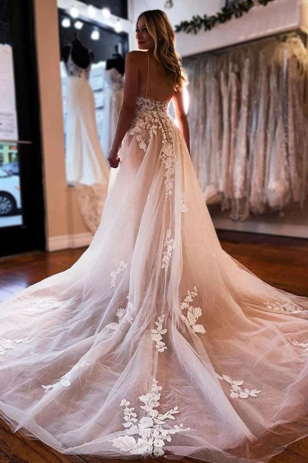 A-line V Neck Light Champagne Tulle Ivory Lace Wedding Dress WD595 by pgmdress