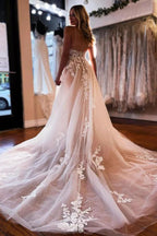 A-line V Neck Light Champagne Tulle Ivory Lace Wedding Dress WD595 by pgmdress