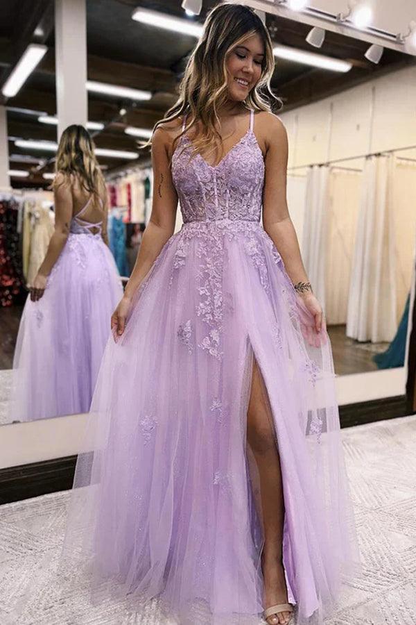 A-Line V Neck Lilac Tulle Long Slit Prom Dress Evening Dress  PSK405 Hover Image