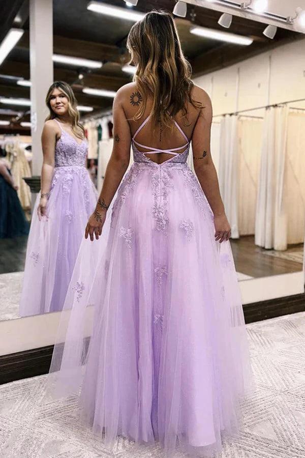 A-Line V Neck Lilac Tulle Long Slit Prom Dress Evening Dress PSK405 by pgmdress