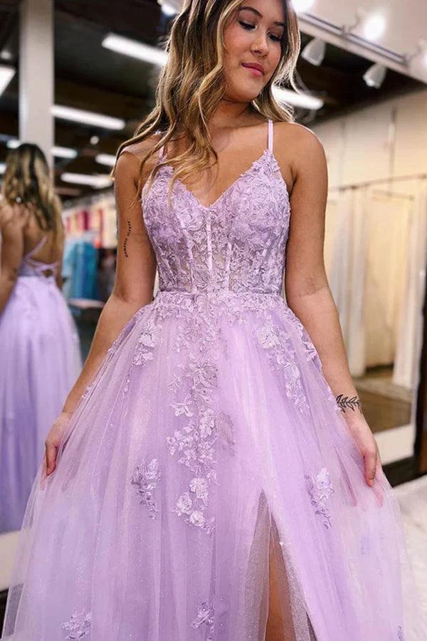 A-Line V Neck Lilac Tulle Long Slit Prom Dress Evening Dress PSK405 by pgmdress