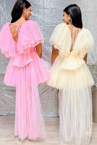 A-Linie, V-Ausschnitt, Rosa, Homecoming-Kleid mit Flügelärmeln, PD506