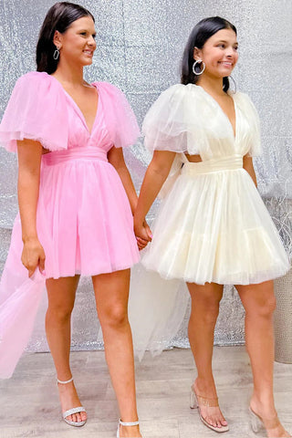A-Linie, V-Ausschnitt, Rosa, Homecoming-Kleid mit Flügelärmeln, PD506