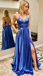 Satin Prom Dresses V-neckline Slit In Prom Dress SYP3 by vivymakudress
