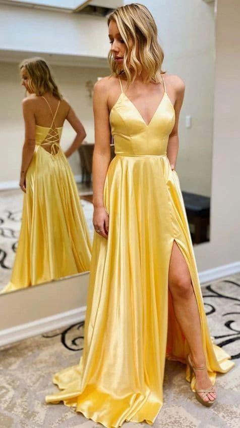 Satin Prom Dresses V-neckline Slit In Prom Dress SYP3 by vivymakudress