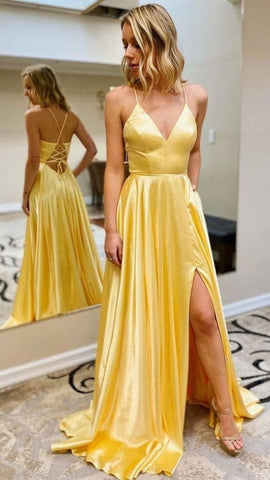 Vestidos de fiesta de satén con escote en V y abertura en el vestido de fiesta SYP3